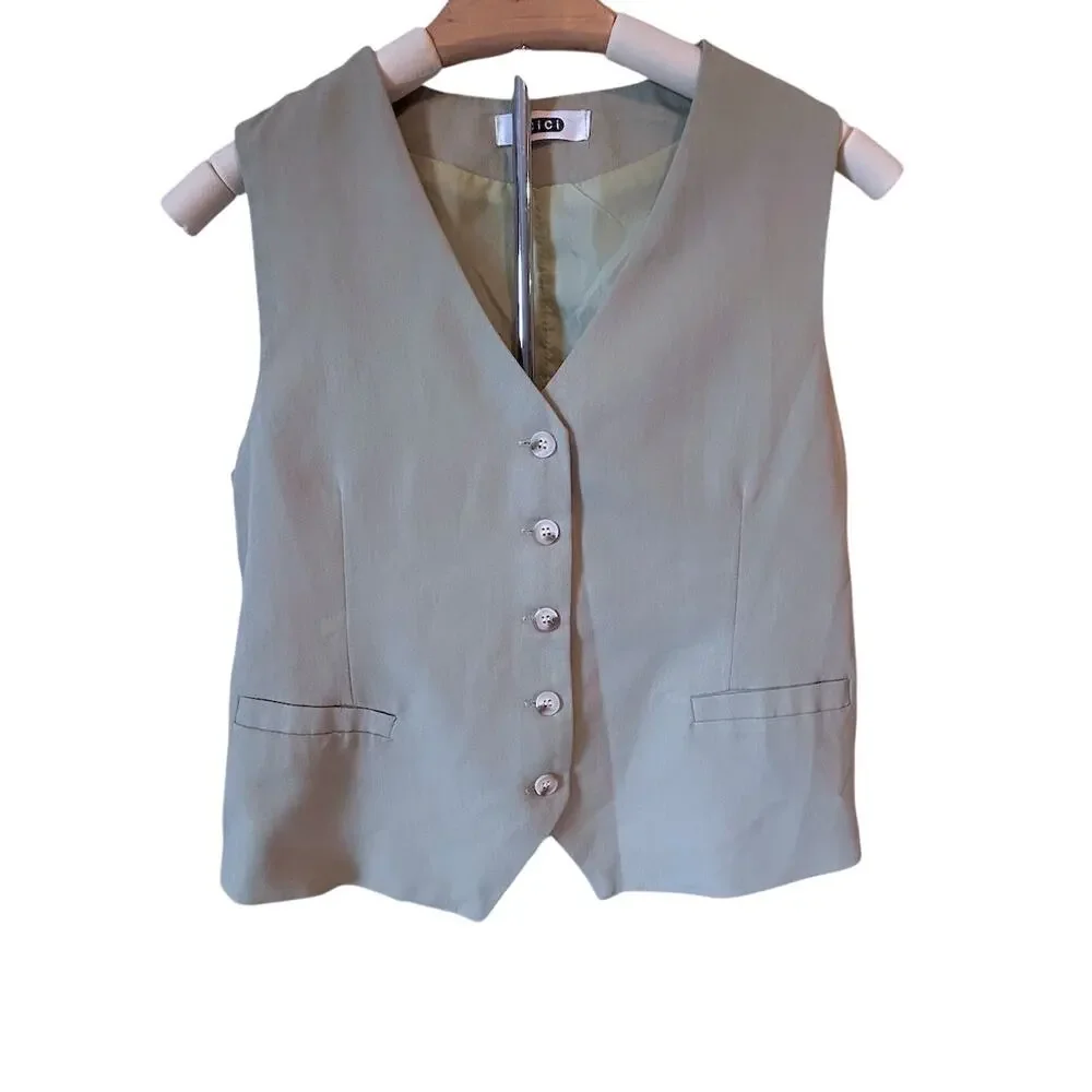 Vintage Light Sage Green Preppy Button Vest Minimalist Tailored Waistcoat SMALL - Picture 2 of 8